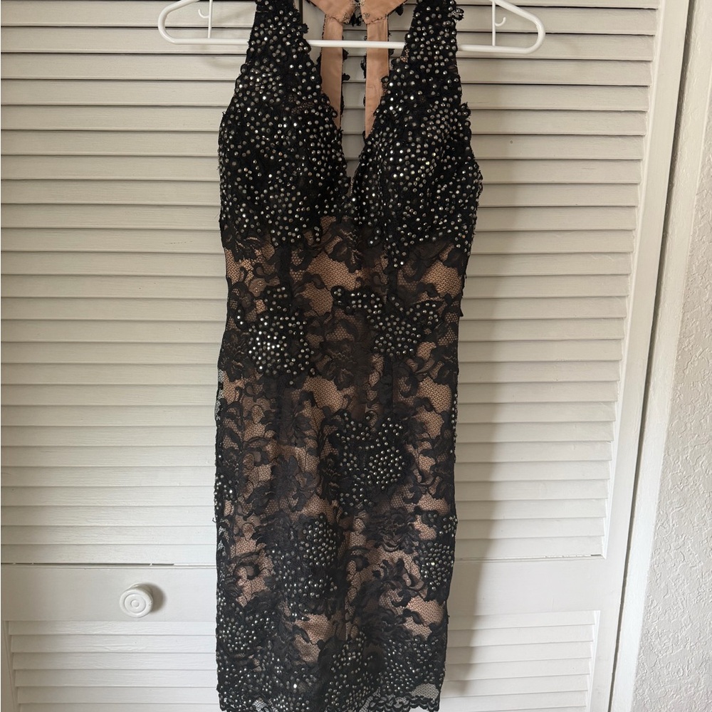 Jovani Black Lace Dress with Nude Lining and Sequin Accents